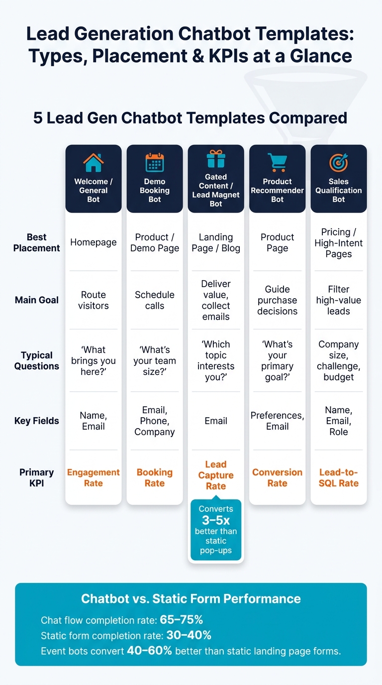 Lead Generation Chatbot Templates: Types, Placement & KPIs at a Glance