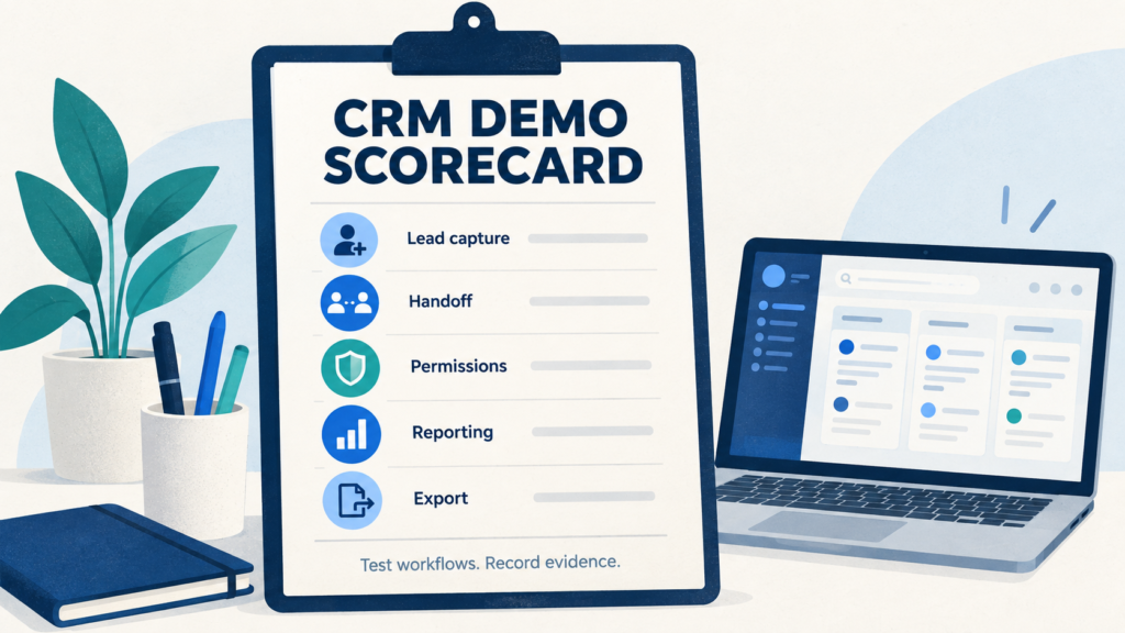 Illustrated CRM demo scorecard covering lead capture, handoff, permissions, reporting and export.